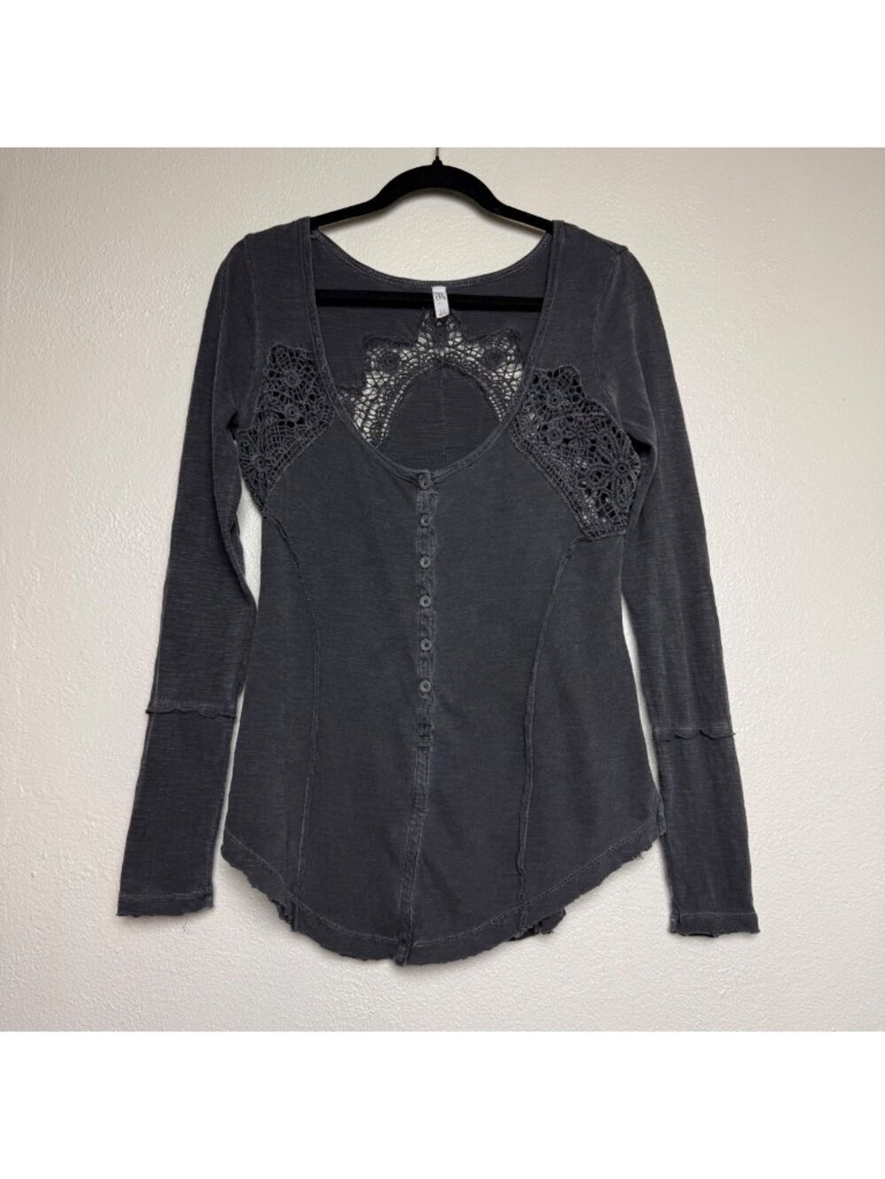 Free People Keepsake Crochet Inset Slub Henley Gray Sz S